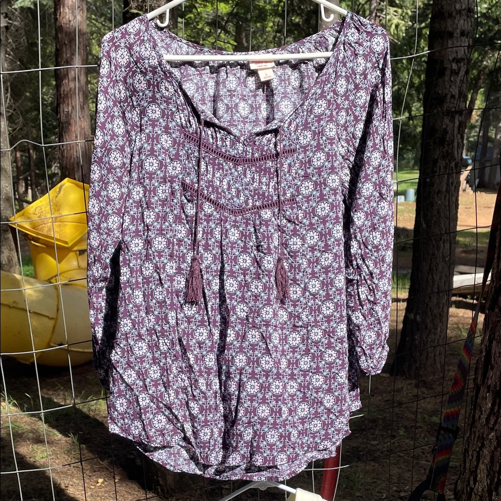 Mossimo Supply Co. Purple Patterned Tassel Peasant Top
